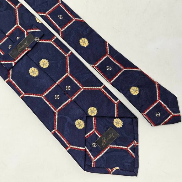 BRIONI SILK TIE BLACK RED BLUE GEOMETRIC SATIN REGAL ITALY 4" X 63" LONG - Picture 3 of 5